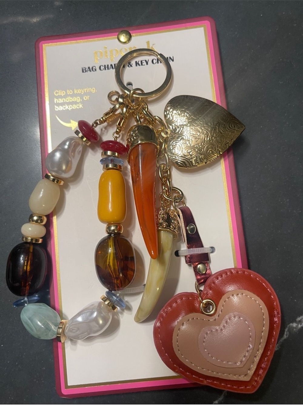 Piper -K Bag Chatm Multicolor Heart & Bead Key with Gold Heart Medallion